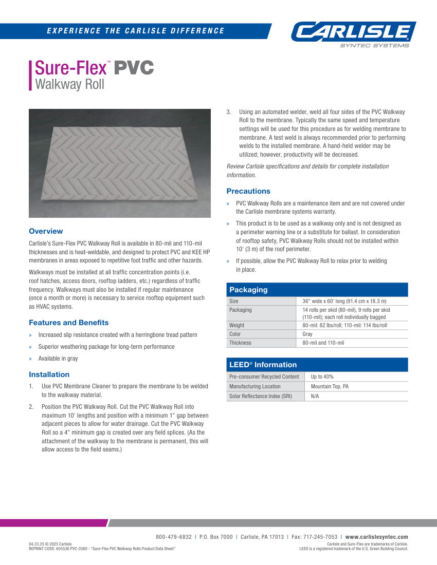 Carlisle SynTec Sure-Flex™ PVC Walkway Rolls cut sheet — first page