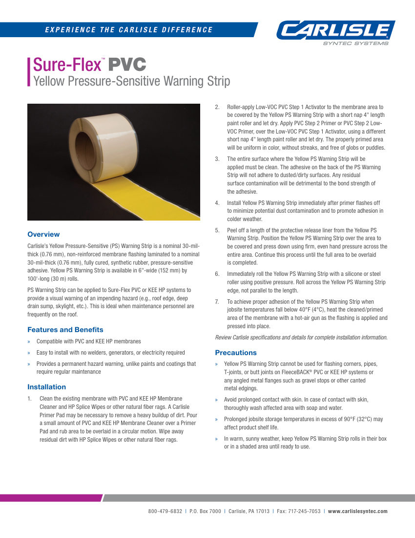 Carlisle SynTec Sure-Flex PVC Yellow Pressure-Sensitive Warning Strip cut sheet — first page