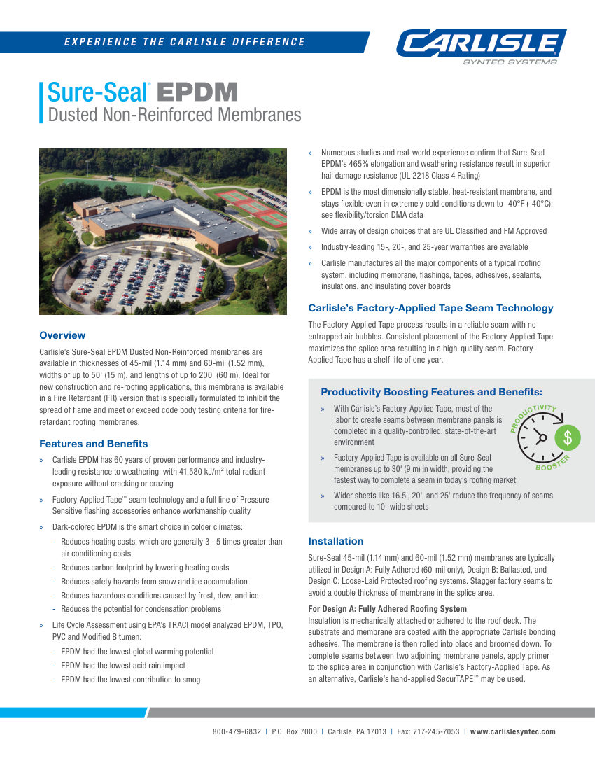 Carlisle SynTec Sure-Seal EPDM Dusted Non-Reinforced Membrane cut sheet — first page