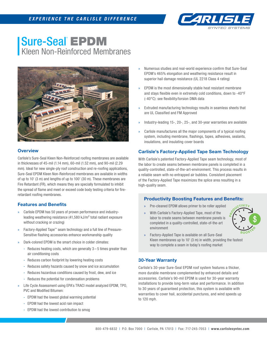 Carlisle SynTec Sure-Seal EPDM Kleen Non-Reinforced Membranes cut sheet — first page