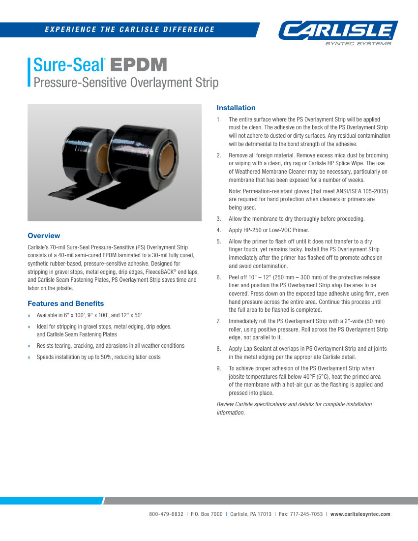 Carlisle SynTec Sure-Seal EPDM Pressure-Sensitive Overlayment Strip cut sheet — first page