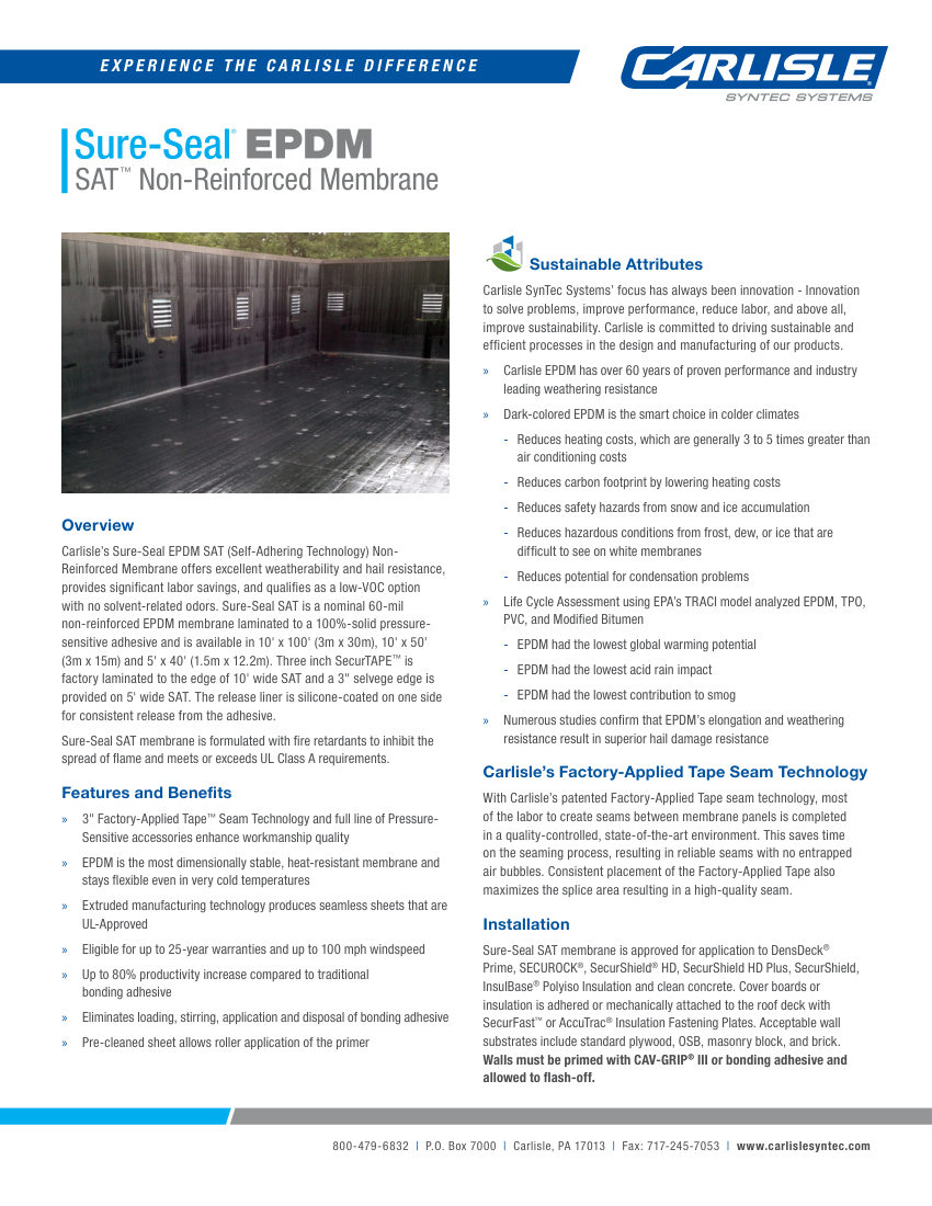 Carlisle SynTec Sure-Seal EPDM SAT Non-Reinforced Membrane cut sheet — first page