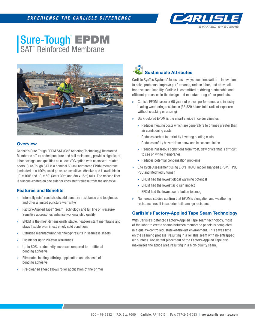 Carlisle SynTec Sure-Tough EPDM SAT Reinforced Membrane cut sheet — first page