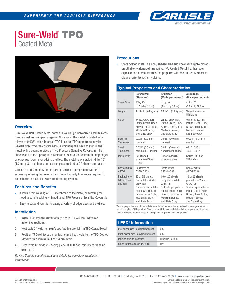Carlisle SynTec Sure-Weld TPO Coated Metal cut sheet — first page