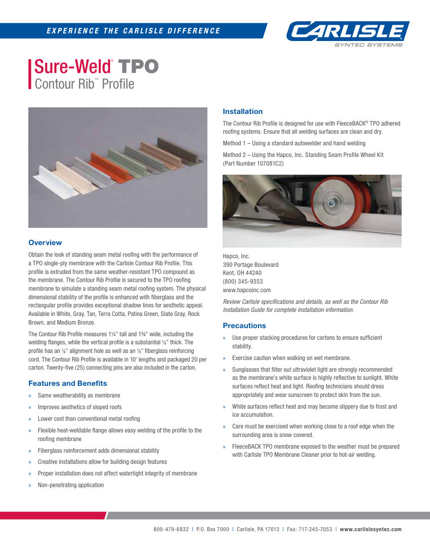 Carlisle SynTec Sure-Weld TPO Contour Rib cut sheet — first page