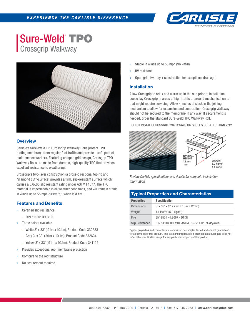Carlisle SynTec Sure-Weld TPO Crossgrip Walkway cut sheet — first page