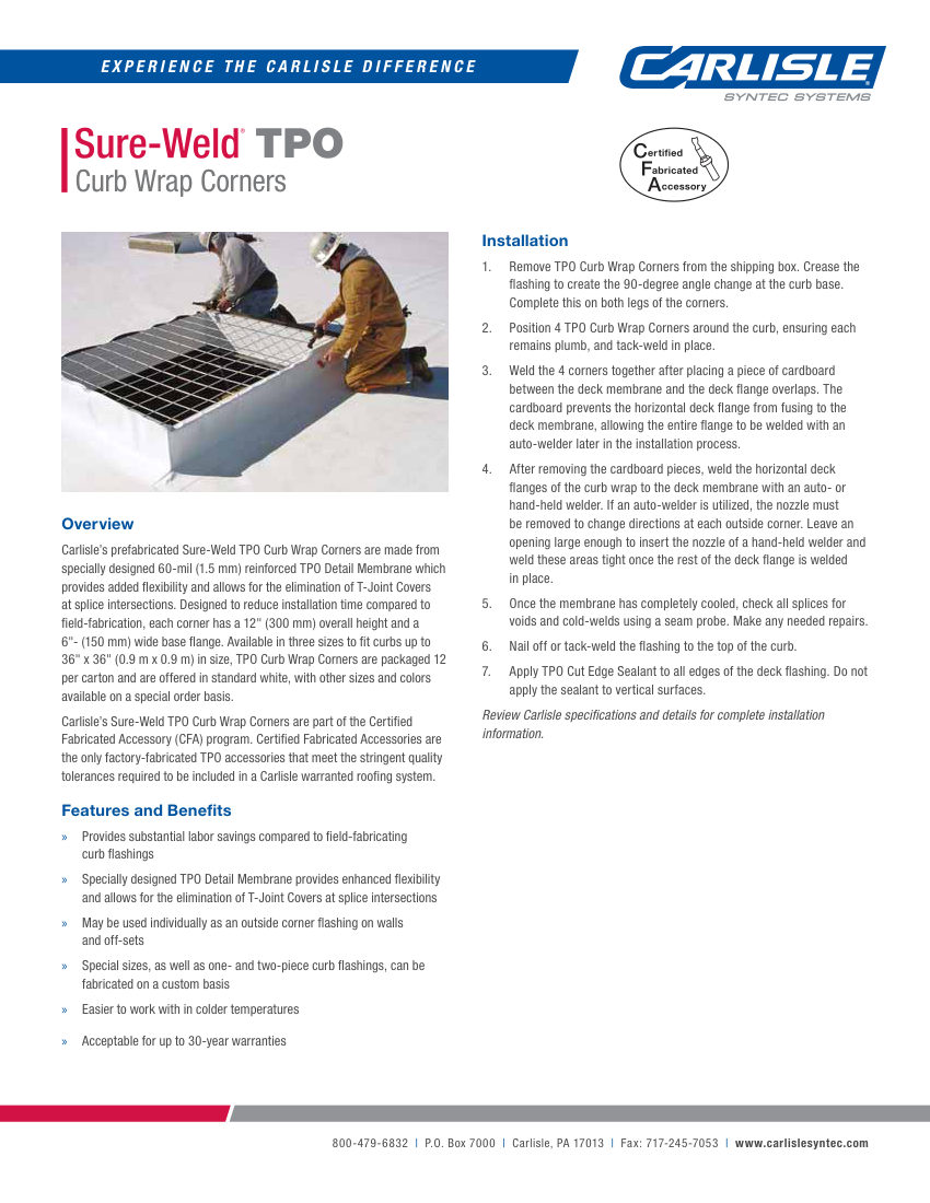 Carlisle SynTec Sure-Weld TPO Curb Wrap Corners cut sheet — first page