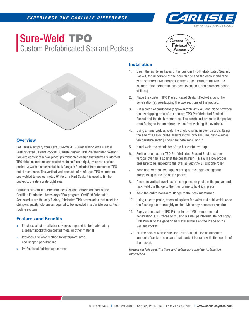 Carlisle SynTec Sure-Weld TPO Custom Prefabricated Sealant Pockets cut sheet — first page
