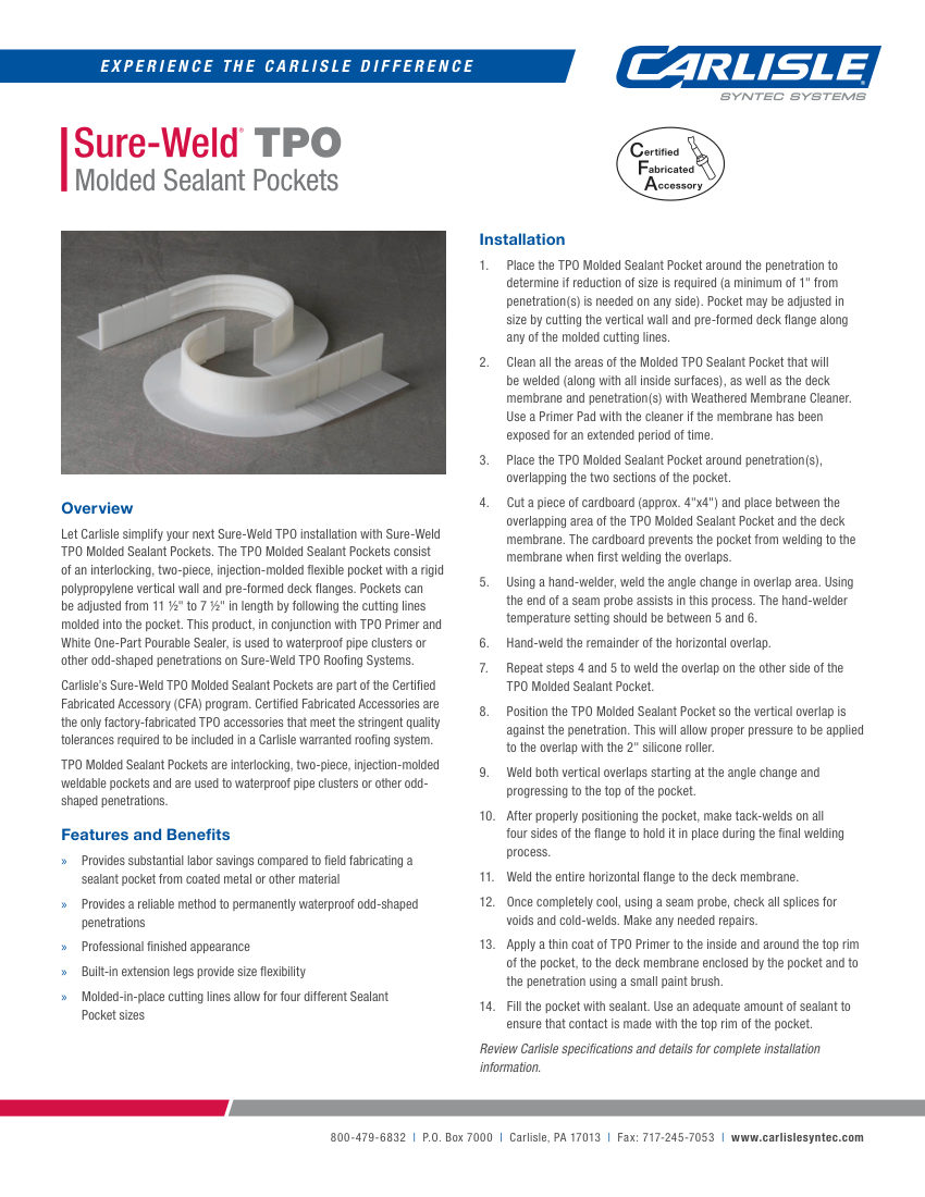 Carlisle SynTec Sure-Weld TPO Molded Sealant Pockets cut sheet — first page