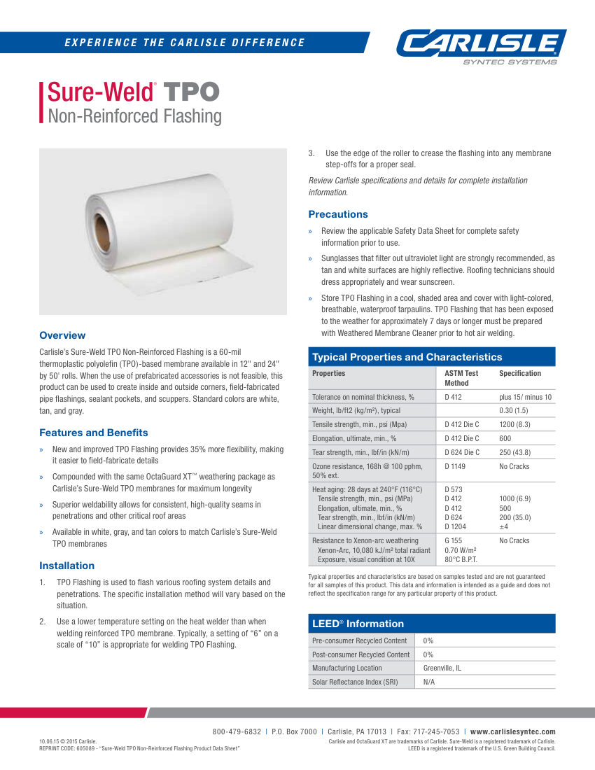 Carlisle SynTec Sure-Weld TPO Non-Reinforced Flashing cut sheet — first page