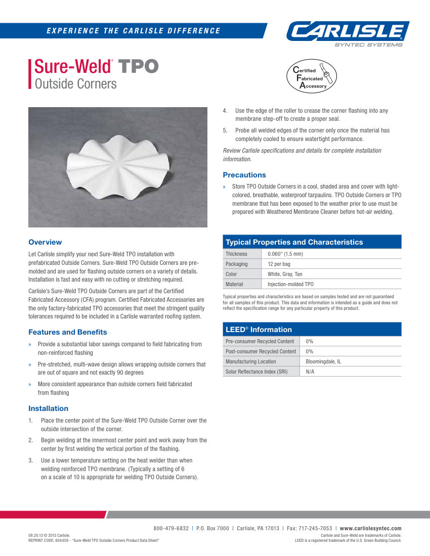 Carlisle SynTec Sure-Weld TPO Outside Corners cut sheet — first page