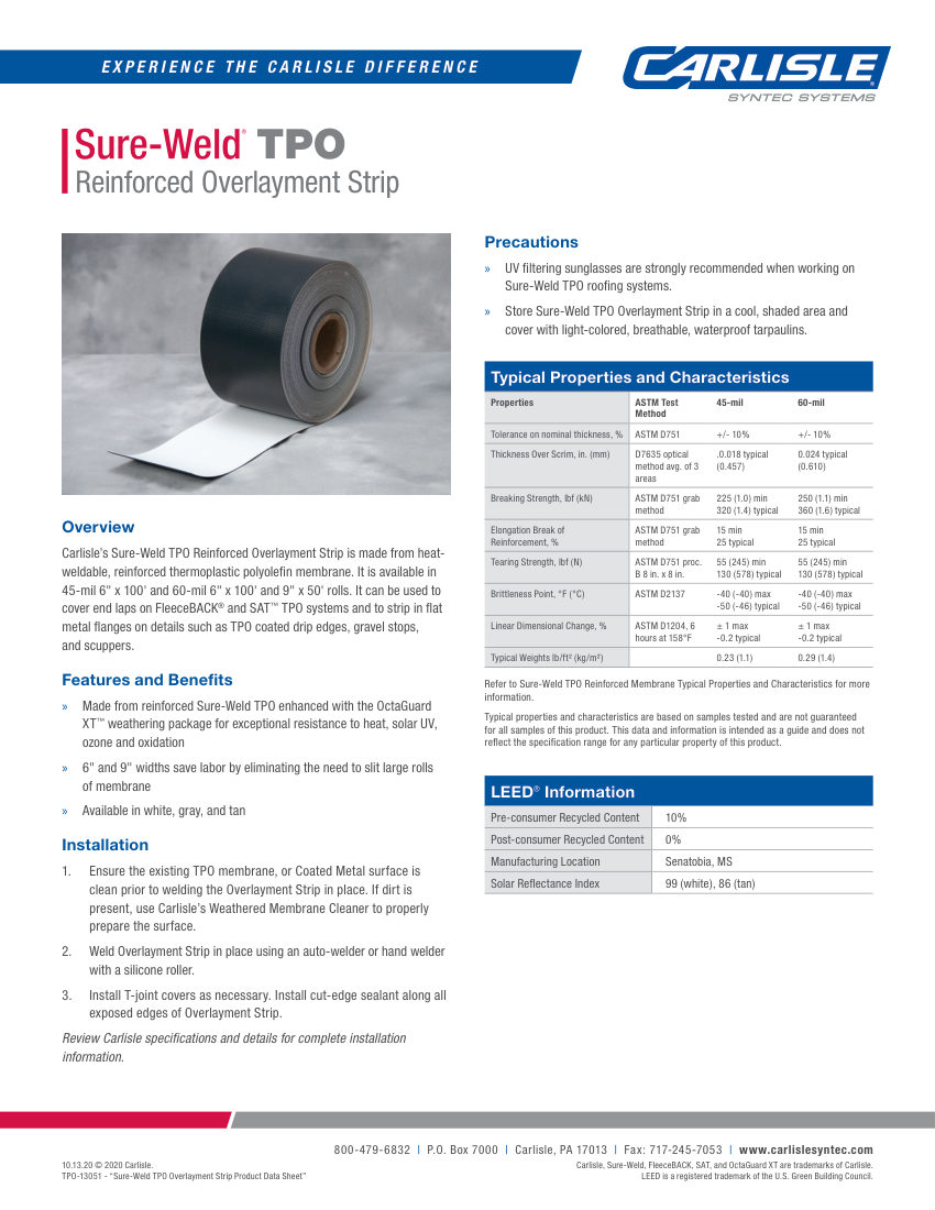 Carlisle SynTec Sure-Weld TPO Overlayment Strip cut sheet — first page