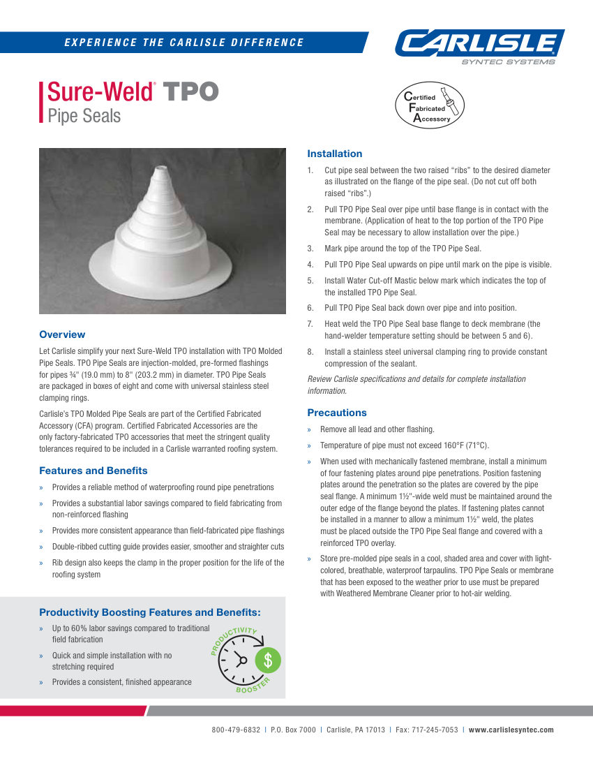 Carlisle SynTec Sure-Weld TPO Pipe Seals cut sheet — first page