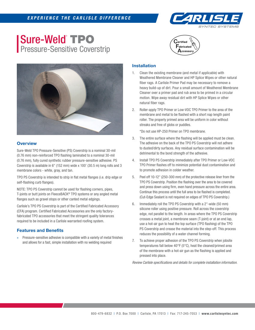 Carlisle SynTec Sure-Weld TPO Pressure-Sensitive Coverstrip cut sheet — first page