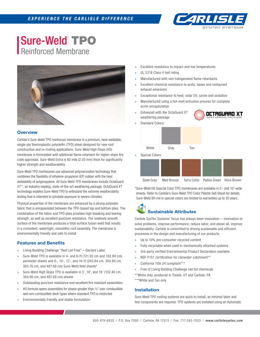 Carlisle SynTec Sure-Weld TPO Reinforced Membrane cut sheet — first page