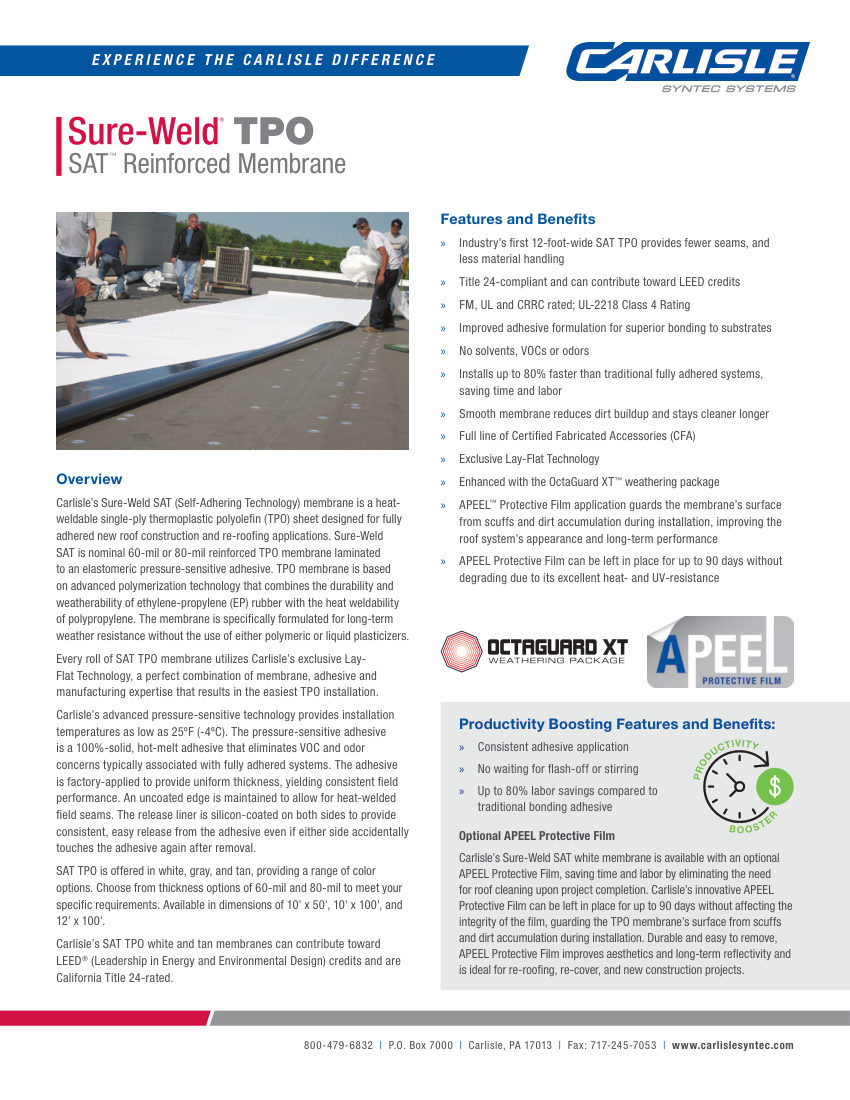 Carlisle SynTec Sure-Weld TPO SAT Reinforced Membrane cut sheet — first page