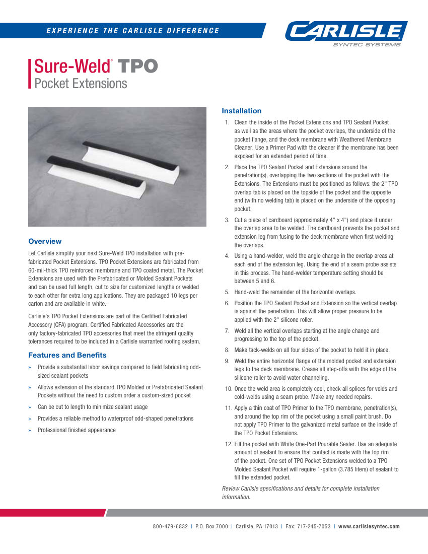 Carlisle SynTec Sure-Weld TPO Sealant Pocket Extensions cut sheet — first page