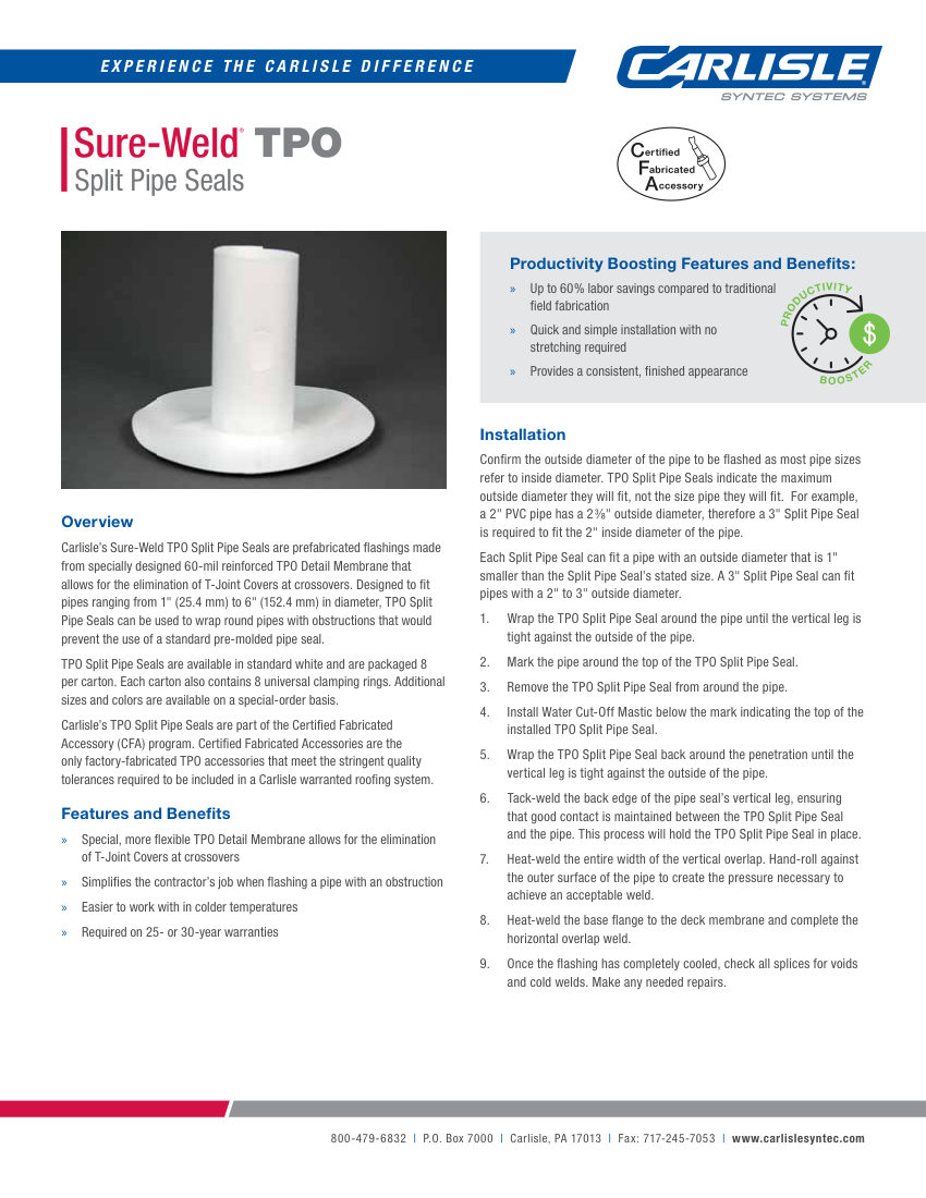 Carlisle SynTec Sure-Weld TPO Split Pipe-Seals cut sheet — first page