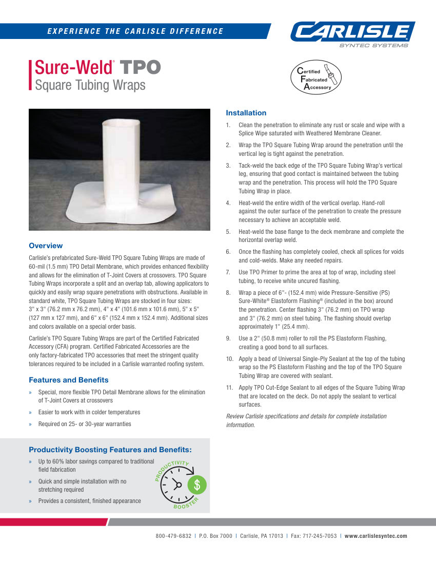 Carlisle SynTec Sure-Weld TPO Square Tubing Wraps cut sheet — first page