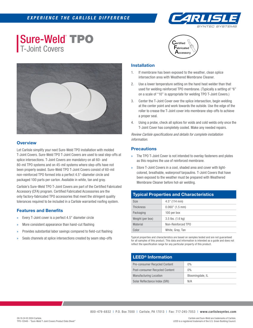 Carlisle SynTec Sure-Weld TPO T-Joint Covers cut sheet — first page