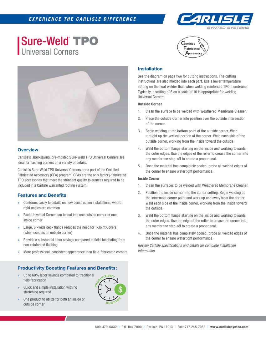 Carlisle SynTec Sure-Weld TPO Universal Corners cut sheet — first page