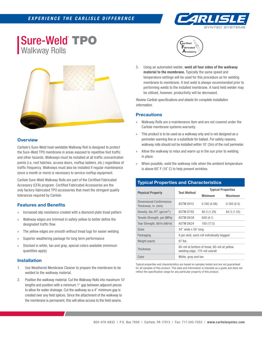Carlisle SynTec Sure-Weld TPO Walkway Rolls cut sheet — first page