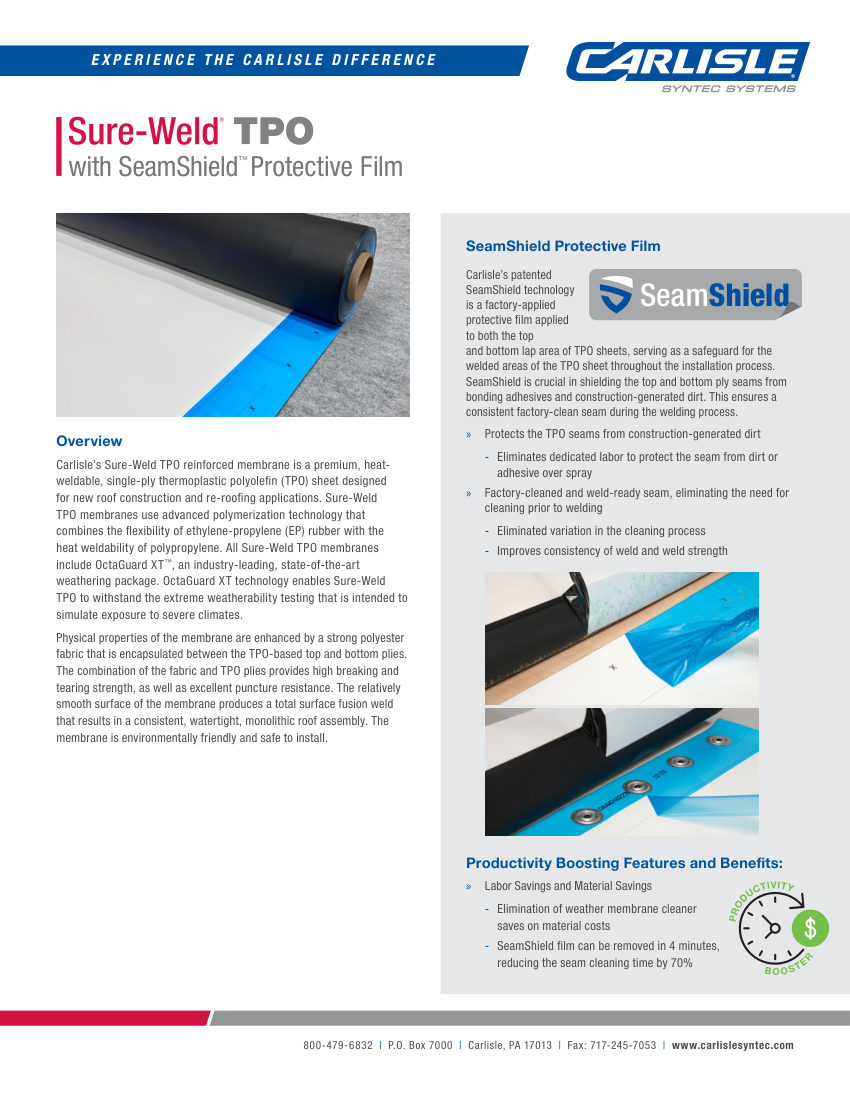 Carlisle SynTec Sure-Weld TPO with SeamShield Protective Film cut sheet — first page