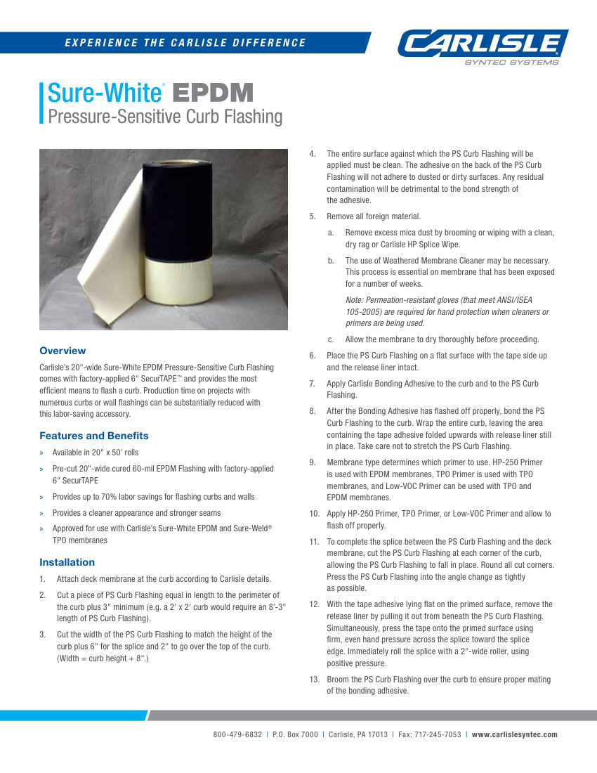 Carlisle SynTec Sure-White EPDM Pressure-Sensitive Curb Flashing cut sheet — first page