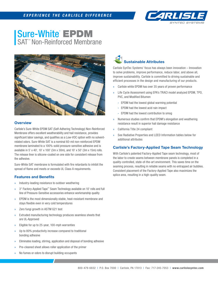 Carlisle SynTec Sure-White EPDM SAT Non-Reinforced Membrane cut sheet — first page