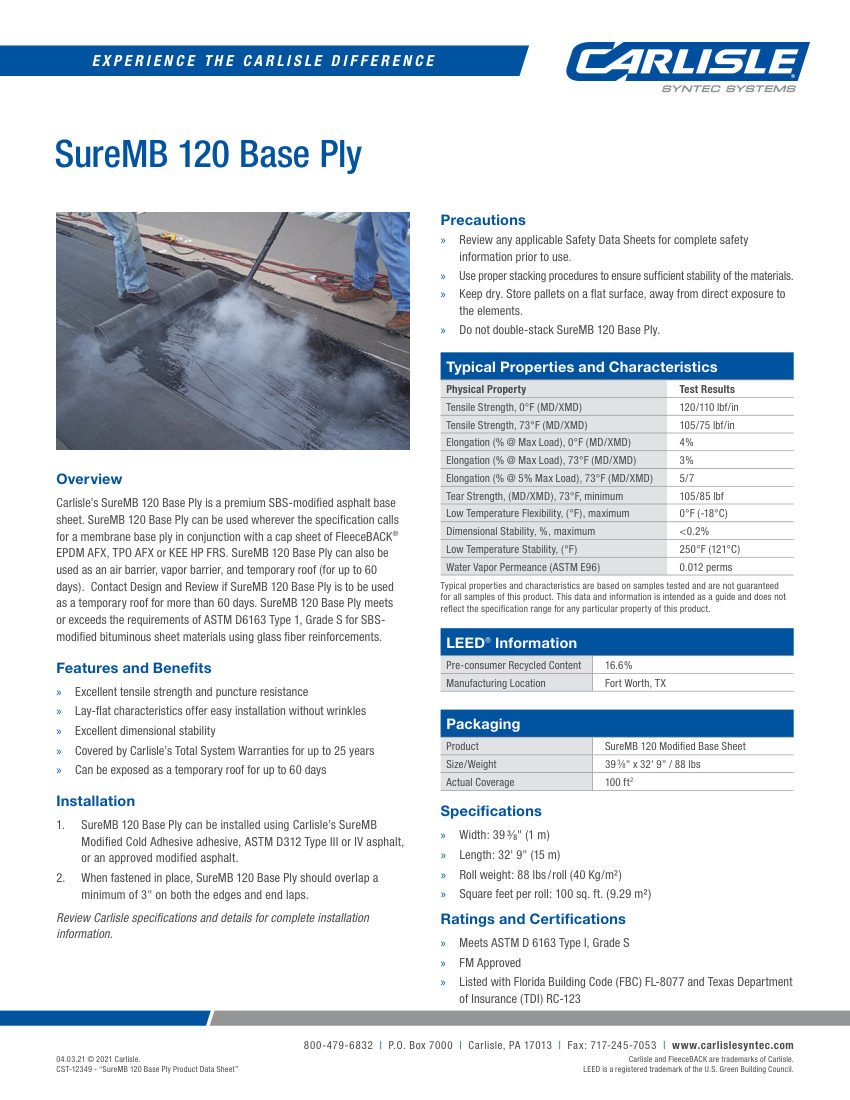 Carlisle SynTec SureMB 120 Base Ply cut sheet — first page