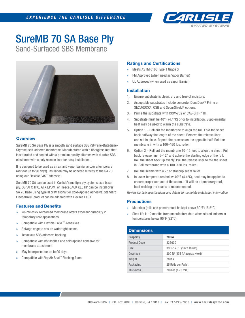 Carlisle SynTec SureMB 70 SA Base Ply cut sheet — first page