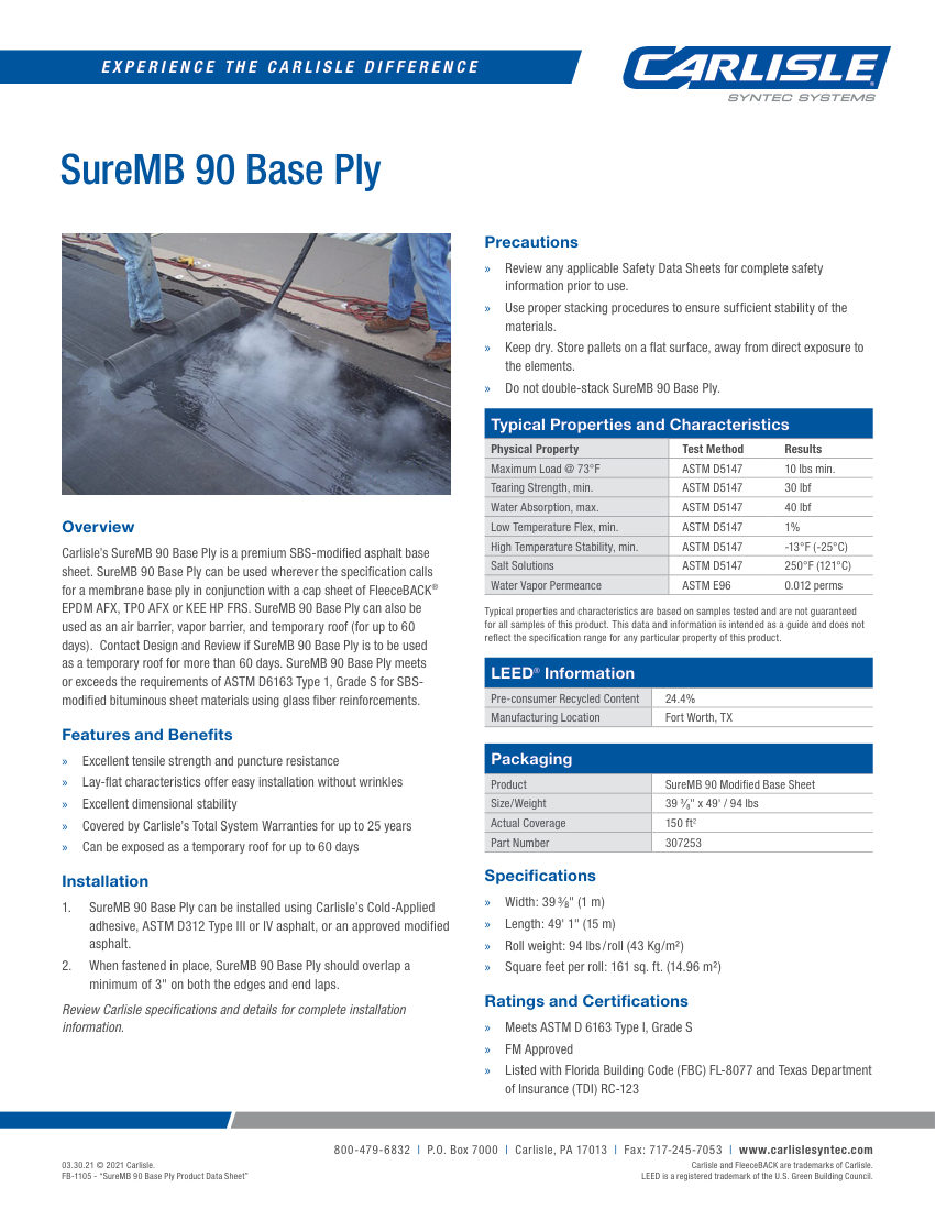 Carlisle SynTec SureMB 90 Base Ply cut sheet — first page