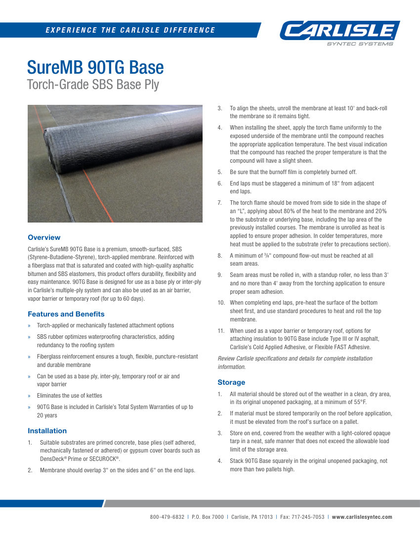 Carlisle SynTec SureMB 90TG Base cut sheet — first page