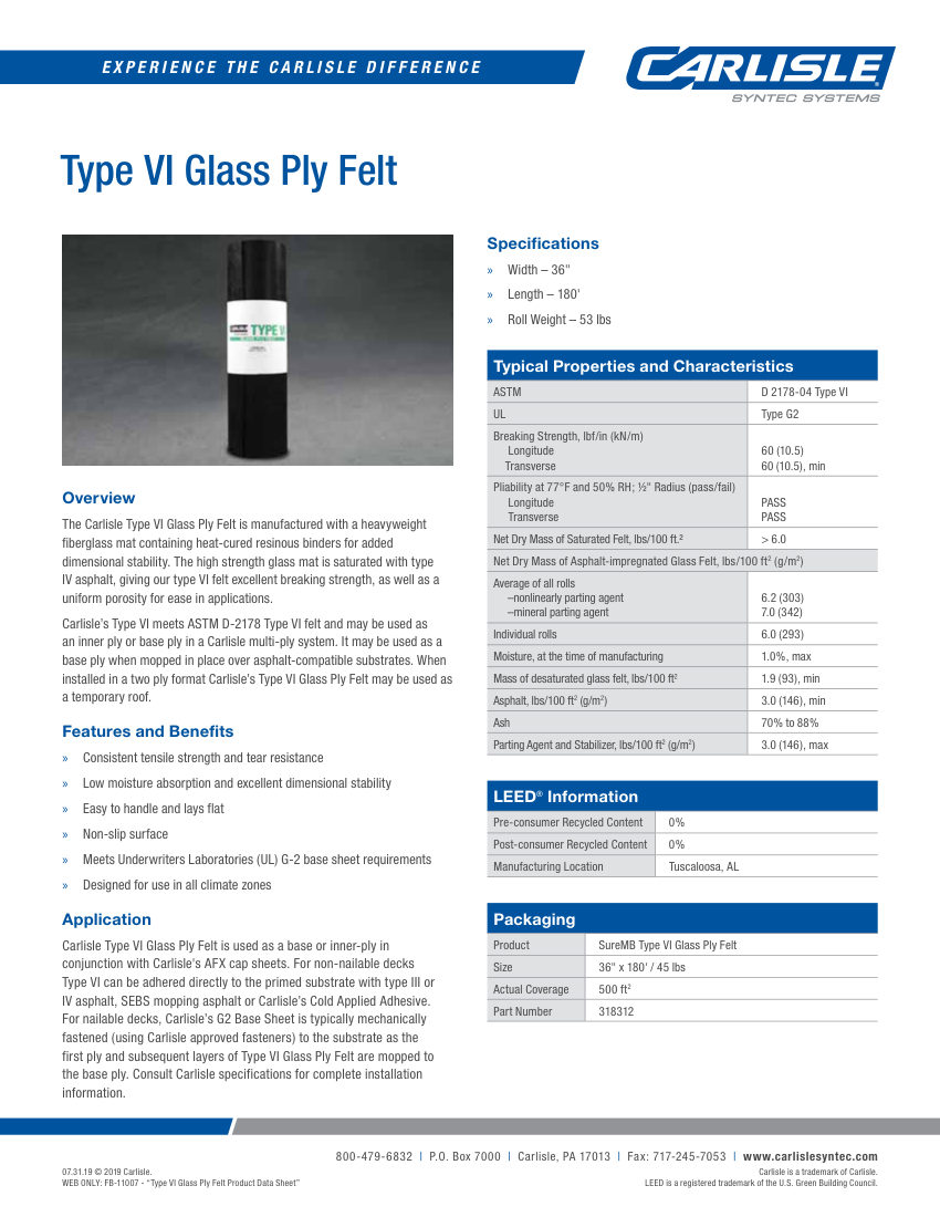 Carlisle SynTec SureMB Type VI Glass Ply Felt cut sheet — first page