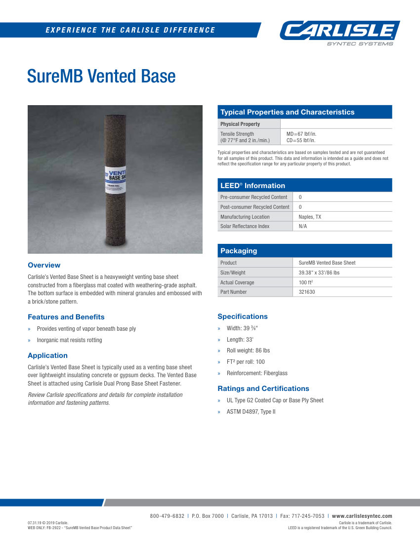 Carlisle SynTec SureMB Vented Base Sheet cut sheet — first page