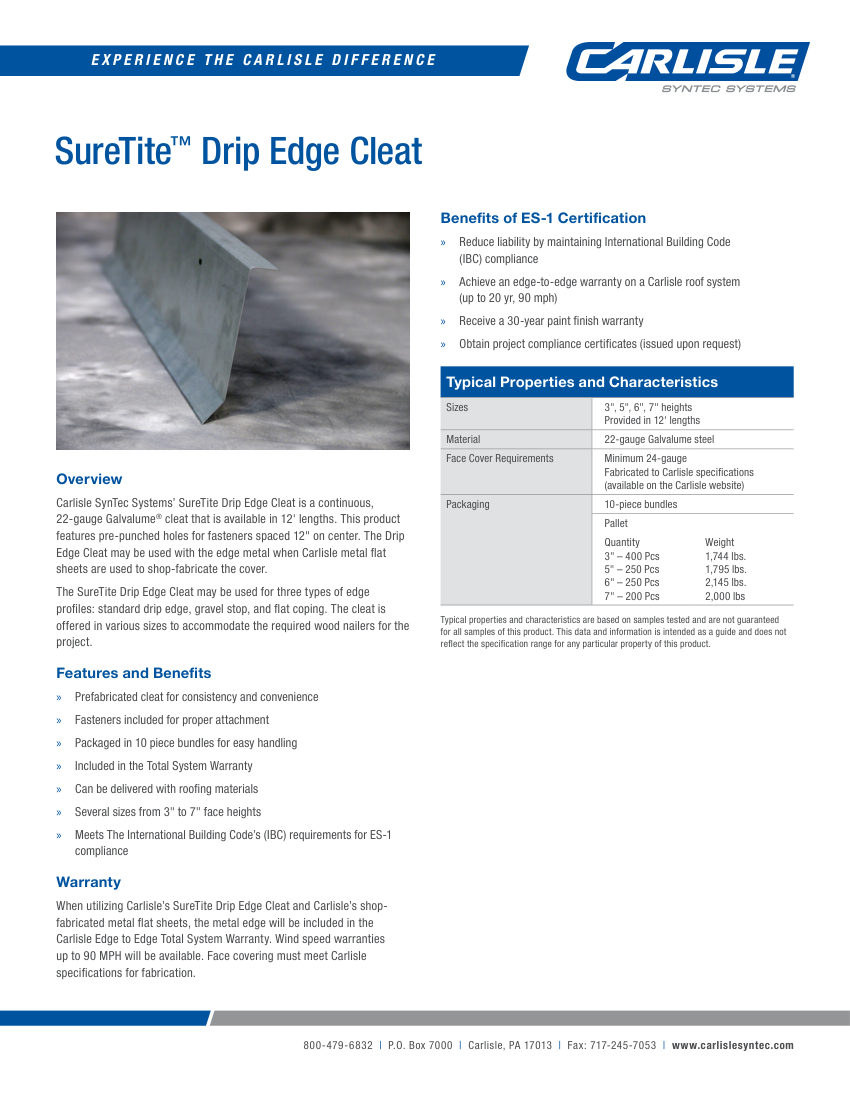 Carlisle SynTec SureTite Drip Edge Cleat cut sheet — first page