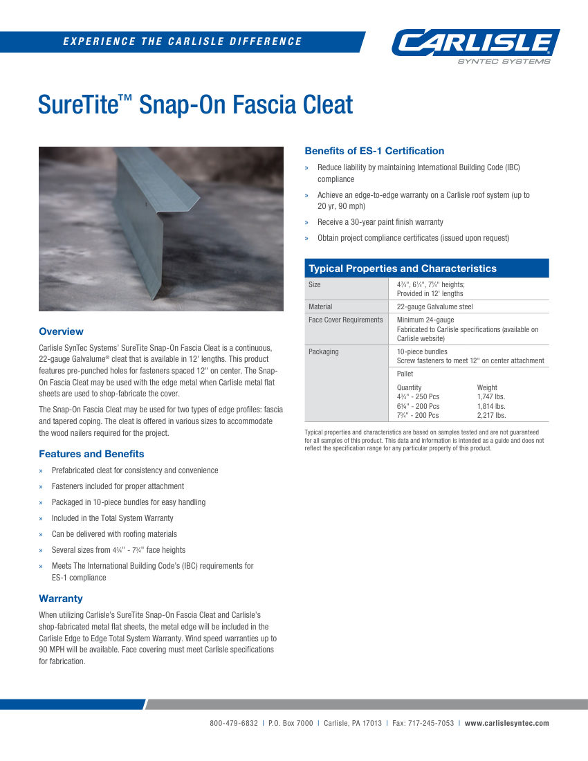 Carlisle SynTec SureTite Snap-On Fascia Cleat cut sheet — first page