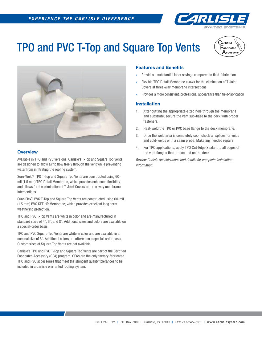 Carlisle SynTec TPO and PVC T-Top and Square Top Vents cut sheet — first page