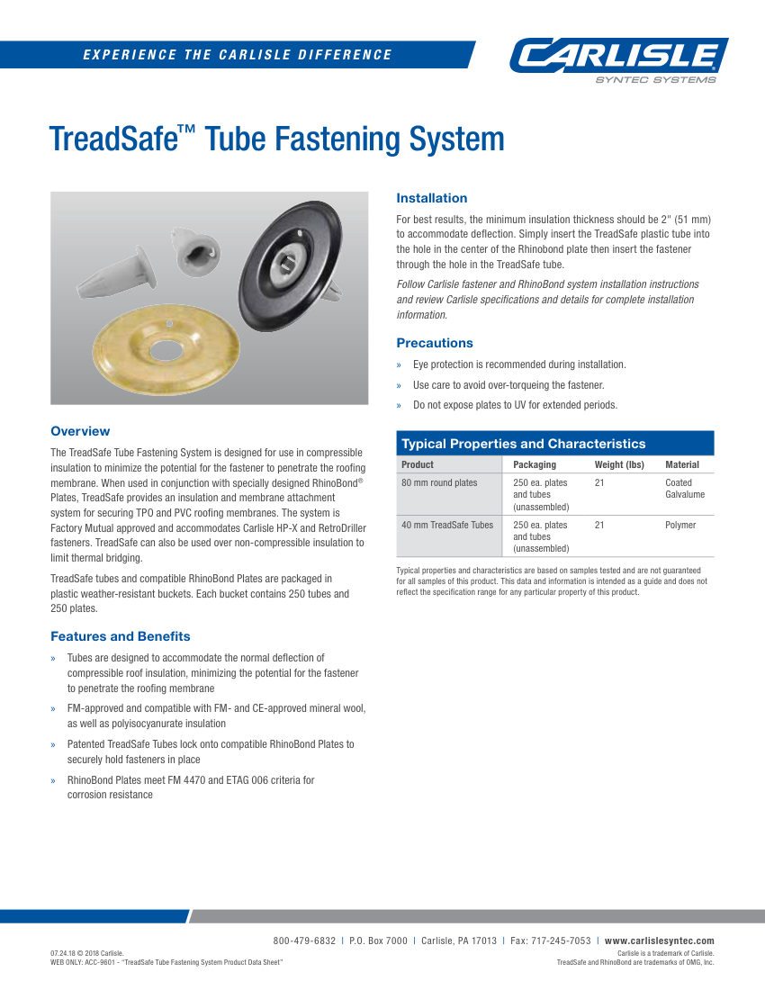 Carlisle SynTec TreadSafe Tube Fastening System cut sheet — first page