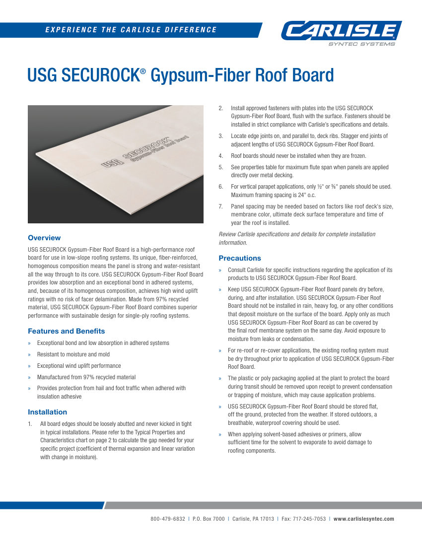 Carlisle SynTec USG SECUROCK Gypsum-Fiber Roof Board cut sheet — first page