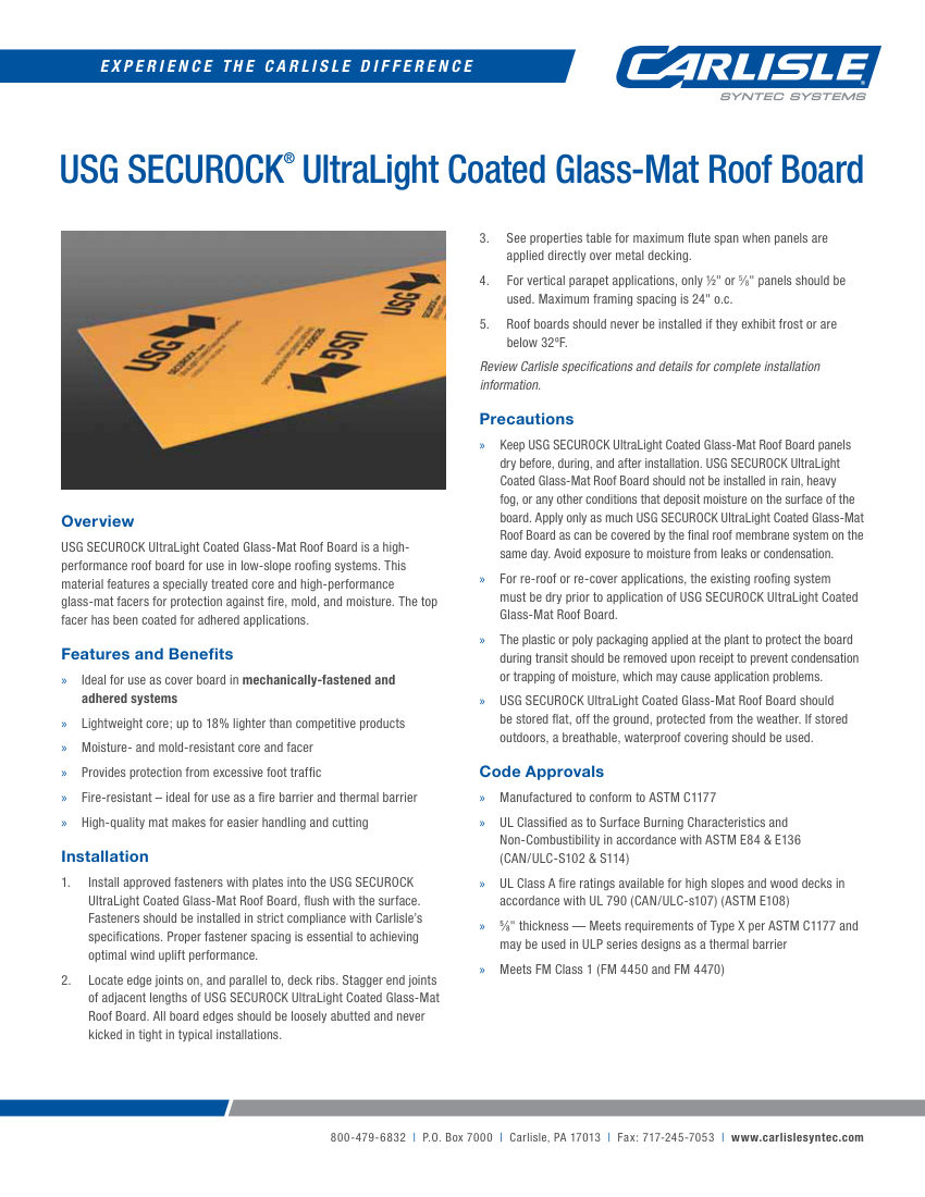 Carlisle SynTec USG SECUROCK UltraLight Coated Glass-Mat Roof Board cut sheet — first page
