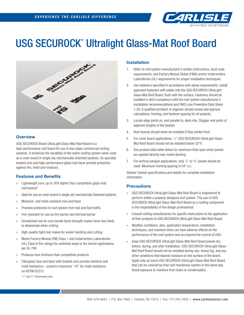 Carlisle SynTec USG Securock UltraLight Glass-Mat cut sheet — first page