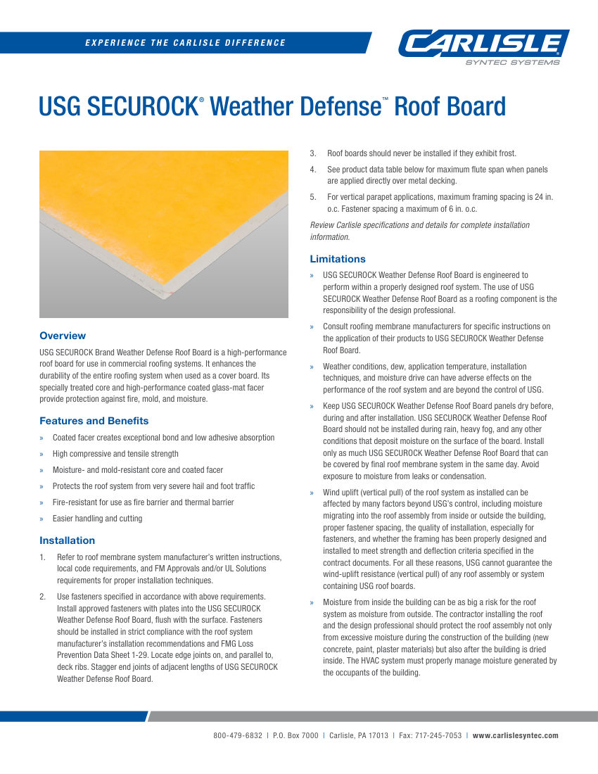 Carlisle SynTec USG SECUROCK® Weather Defense™ Roof Board cut sheet — first page