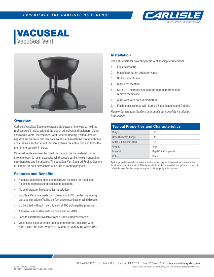 Carlisle SynTec VacuSeal Vent cut sheet — first page