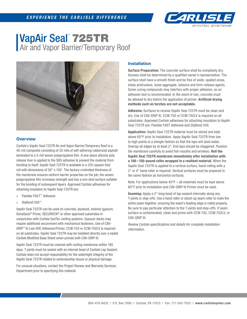 Carlisle SynTec VapAir Seal 725TR Air and Vapor Barrier / Temporary Roof cut sheet — first page
