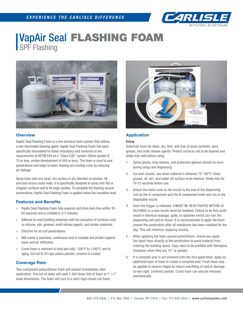 Carlisle SynTec VapAir Seal Flashing Foam SPF Flashing cut sheet — first page