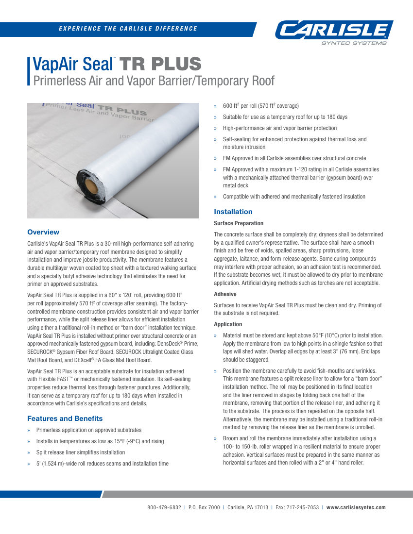 Carlisle SynTec VapAir Seal TR Plus cut sheet — first page
