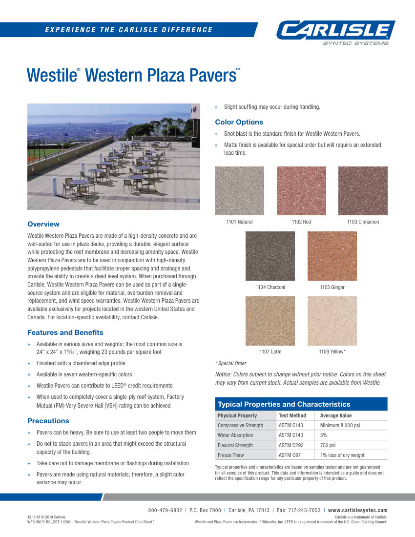 Carlisle SynTec Westile Western Plaza Pavers cut sheet — first page