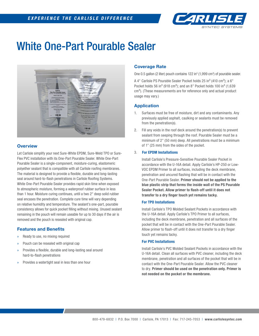 Carlisle SynTec White One-Part Pourable Sealer cut sheet — first page