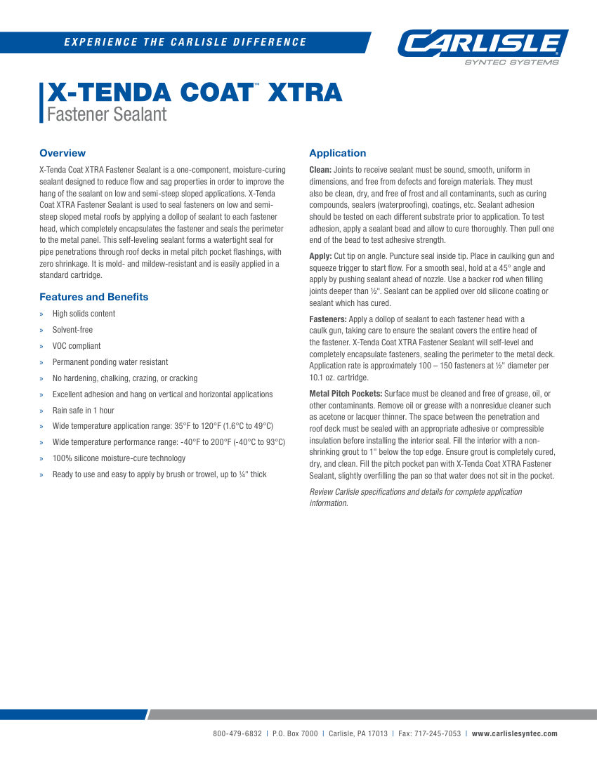 Carlisle SynTec X-Tenda Coat XTRA Fastener Sealant cut sheet — first page